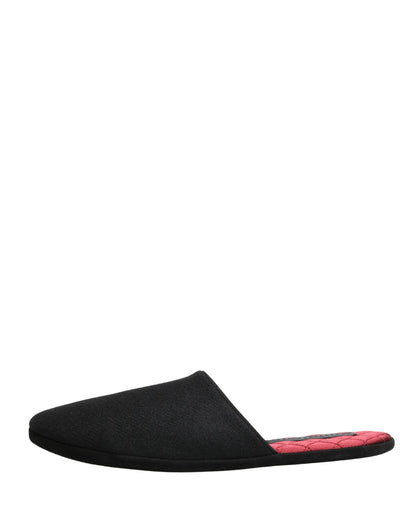Dolce & Gabbana Black Wool Cashmere Red Quilted Slippers Shoes