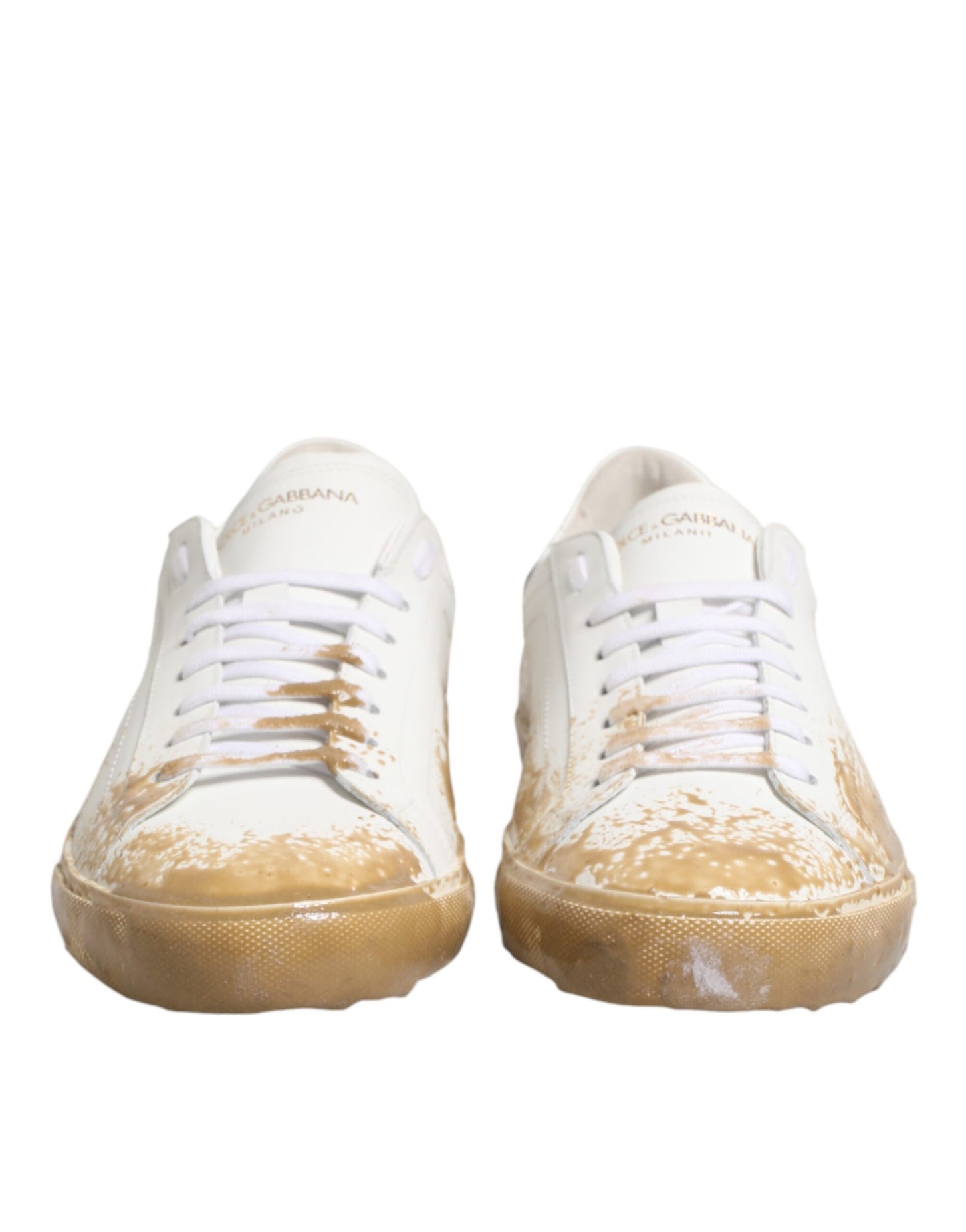 Dolce & Gabbana White Leather Paint Effect Low Top Sneakers