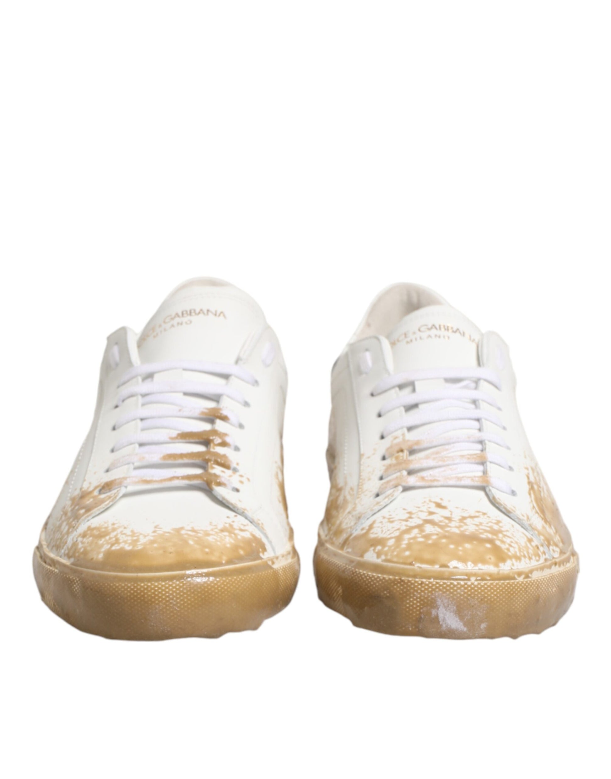 Dolce & Gabbana White Leather Paint Effect Low Top Sneakers