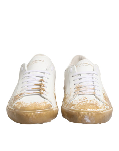 Dolce & Gabbana White Leather Paint Effect Low Top Sneakers