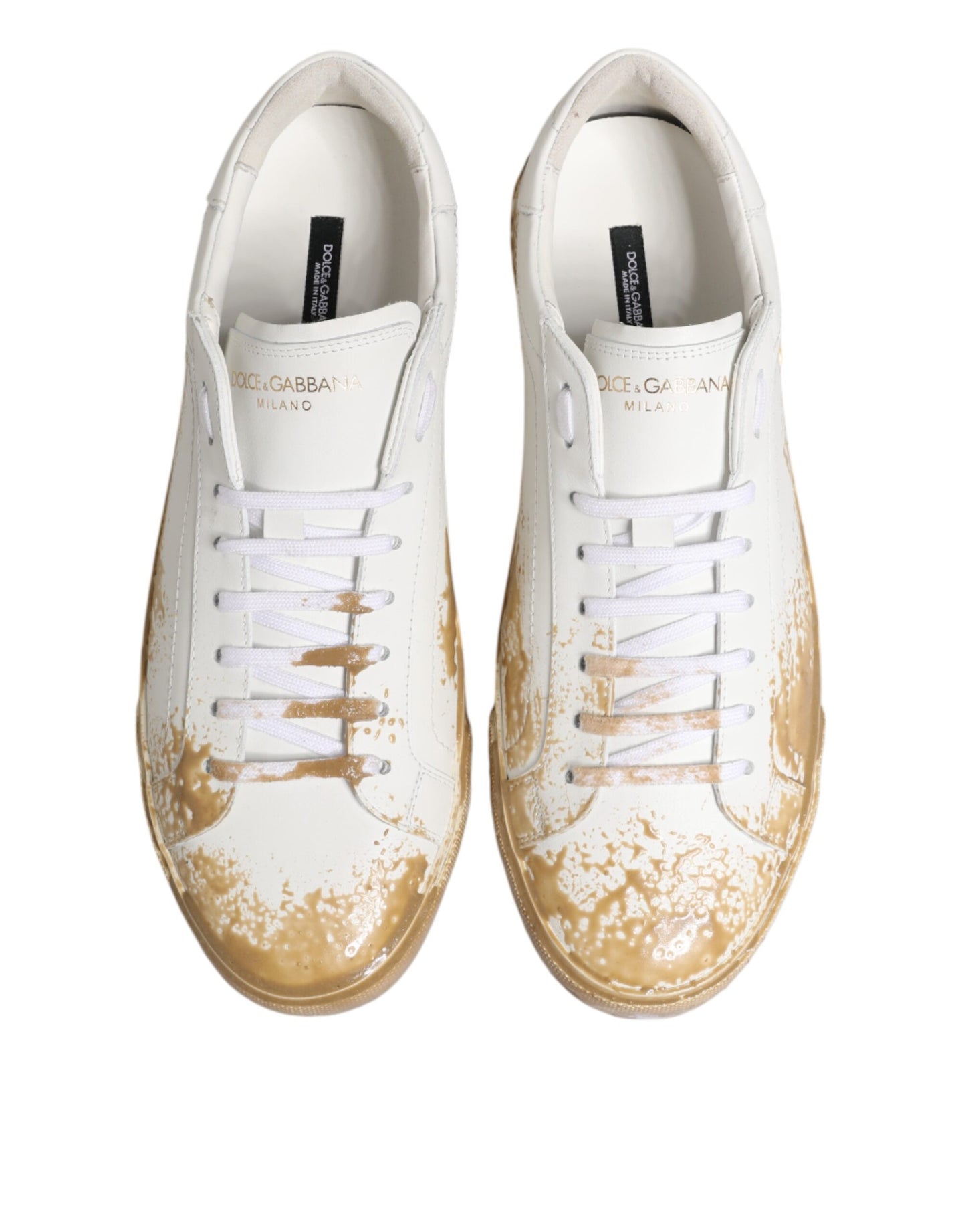 Dolce & Gabbana White Leather Paint Effect Low Top Sneakers