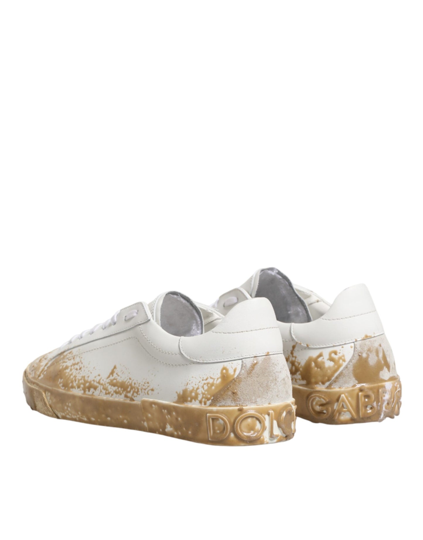Dolce & Gabbana White Leather Paint Effect Low Top Sneakers
