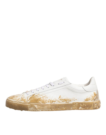 Dolce & Gabbana White Leather Paint Effect Low Top Sneakers
