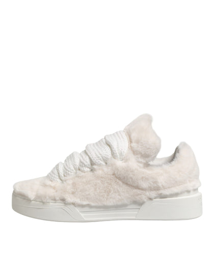 Dolce & Gabbana White Shearling Fur Bianco Low Top Sneakers