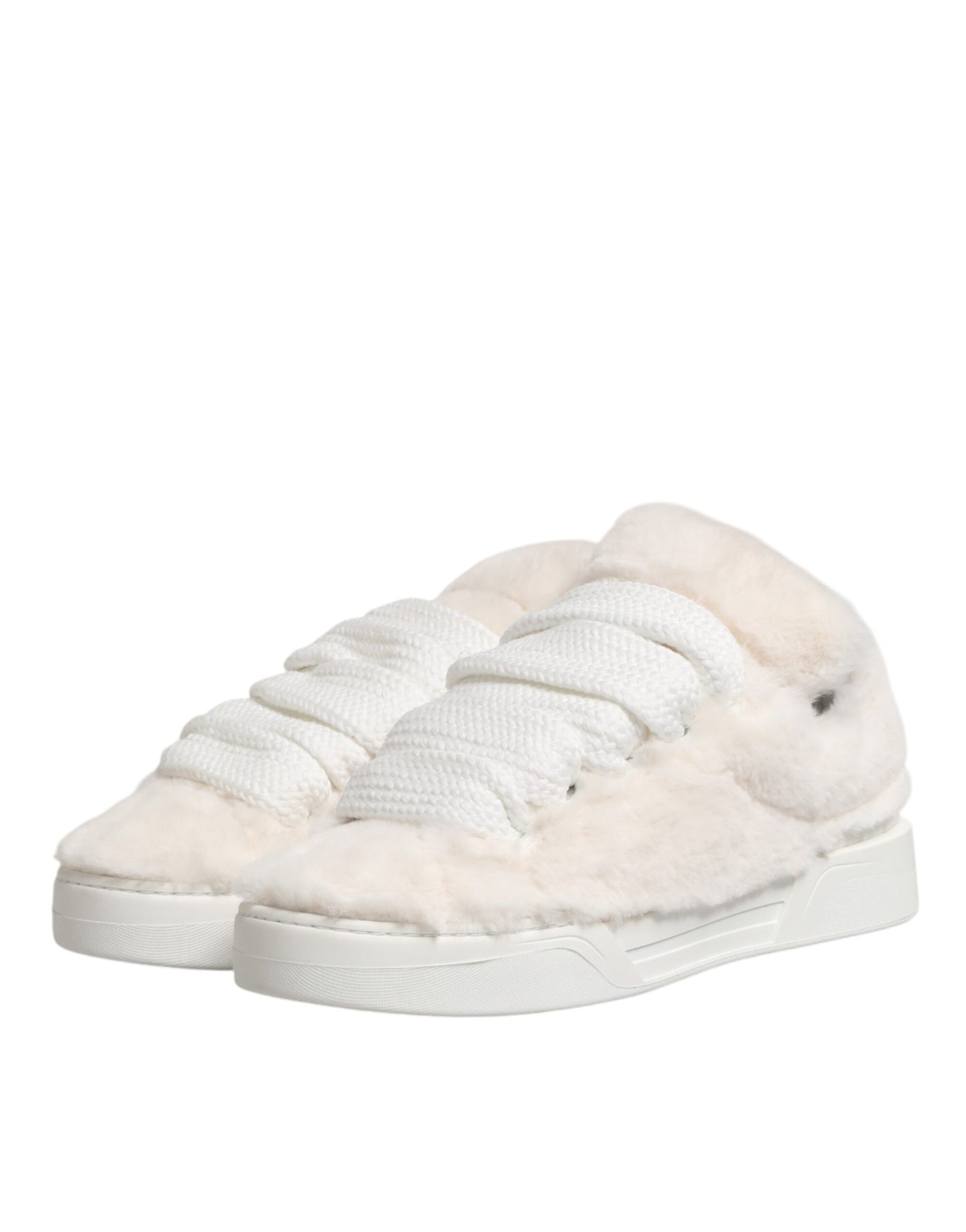 Dolce & Gabbana White Shearling Fur Bianco Low Top Sneakers