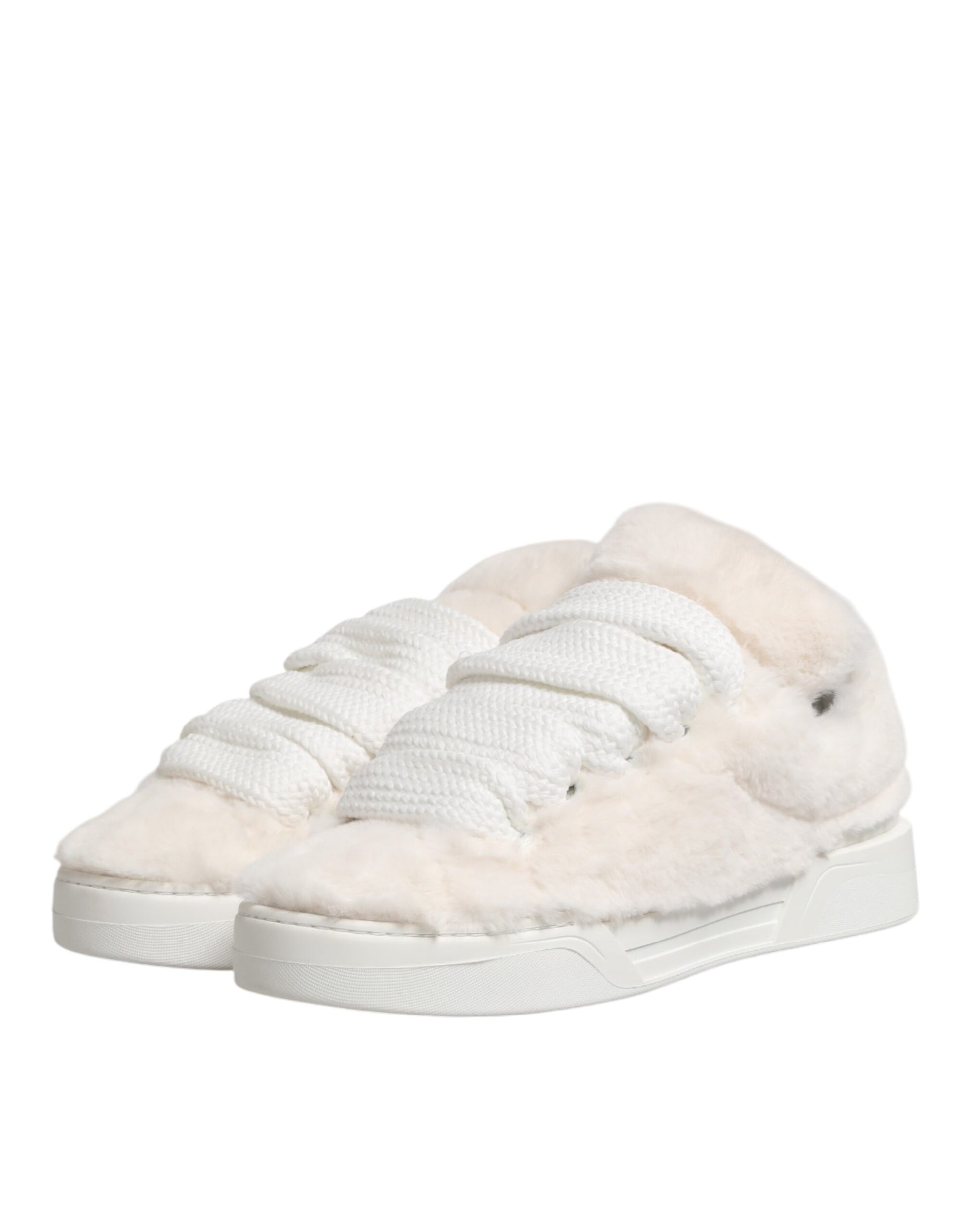 Dolce & Gabbana White Shearling Fur Bianco Low Top Sneakers