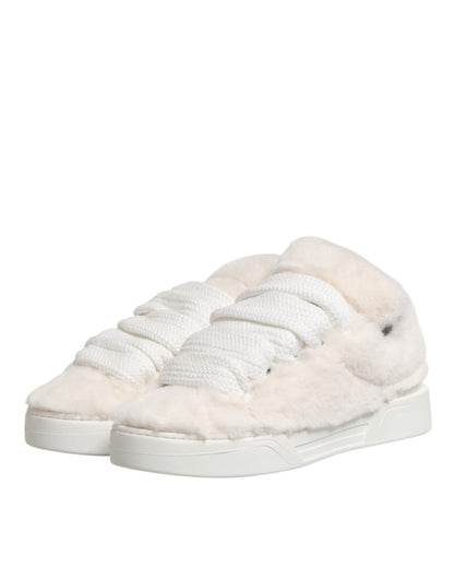 Dolce & Gabbana White Shearling Fur Bianco Low Top Sneakers