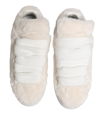 Dolce & Gabbana White Shearling Fur Bianco Low Top Sneakers