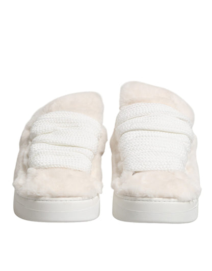 Dolce & Gabbana White Shearling Fur Bianco Low Top Sneakers