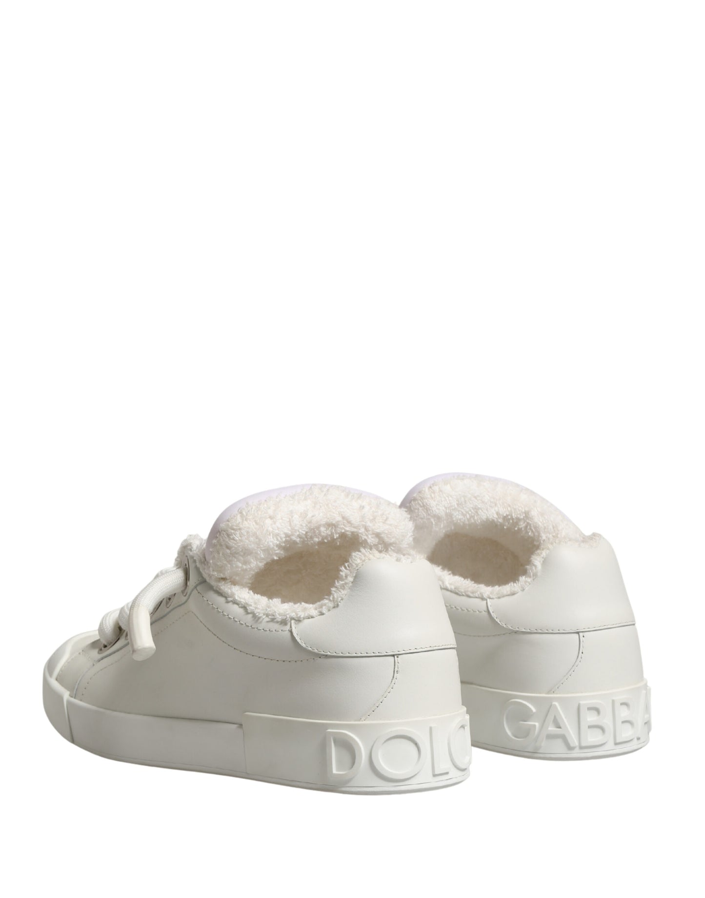 Dolce & Gabbana White Leather Shearling Fur Low Top Sneakers
