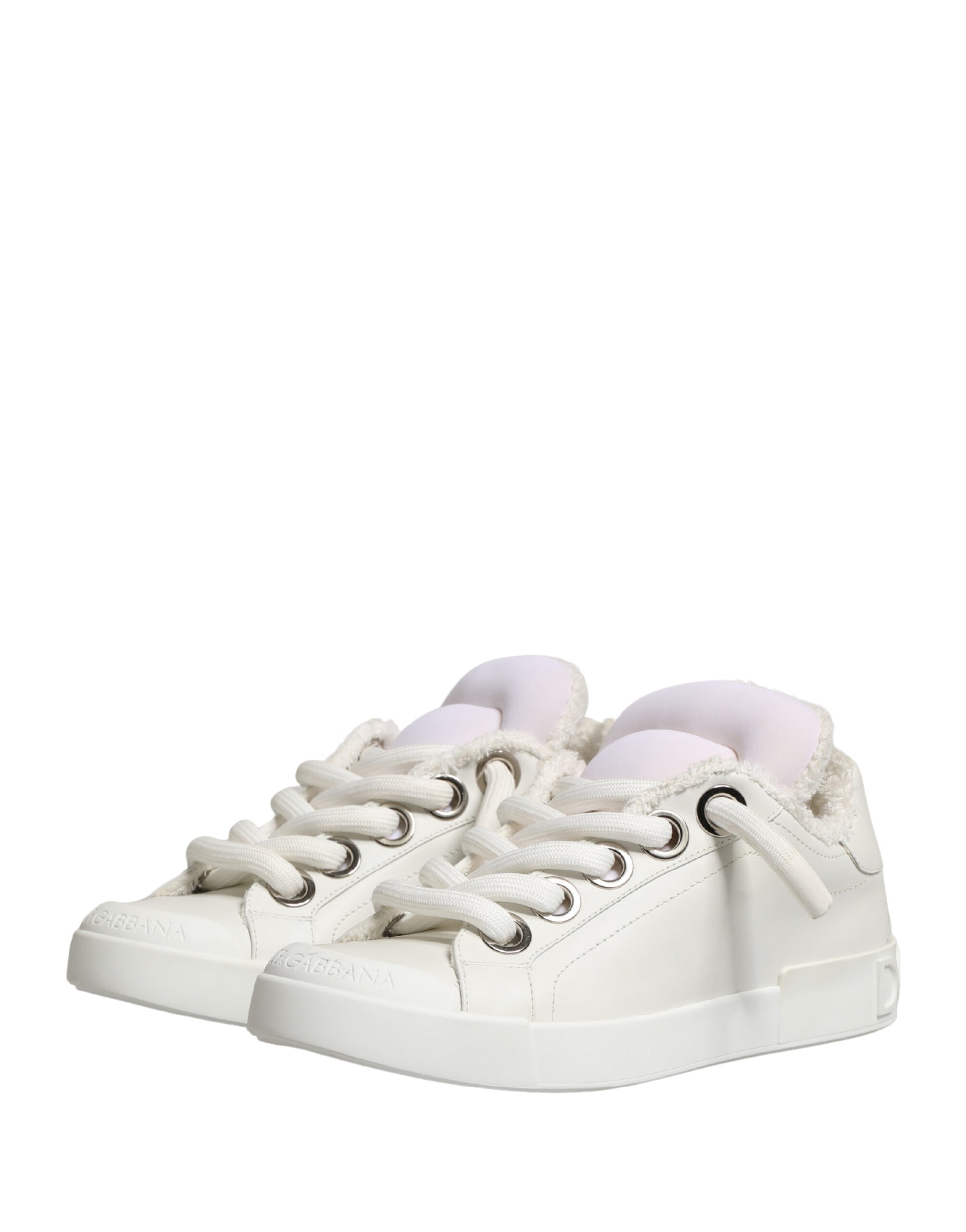 Dolce & Gabbana White Leather Shearling Fur Low Top Sneakers