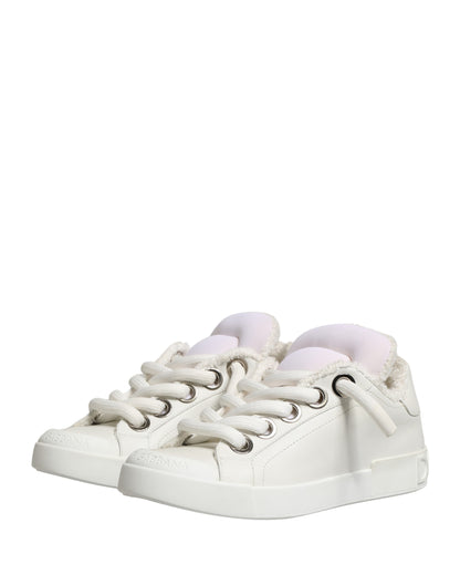 Dolce & Gabbana White Leather Shearling Fur Low Top Sneakers