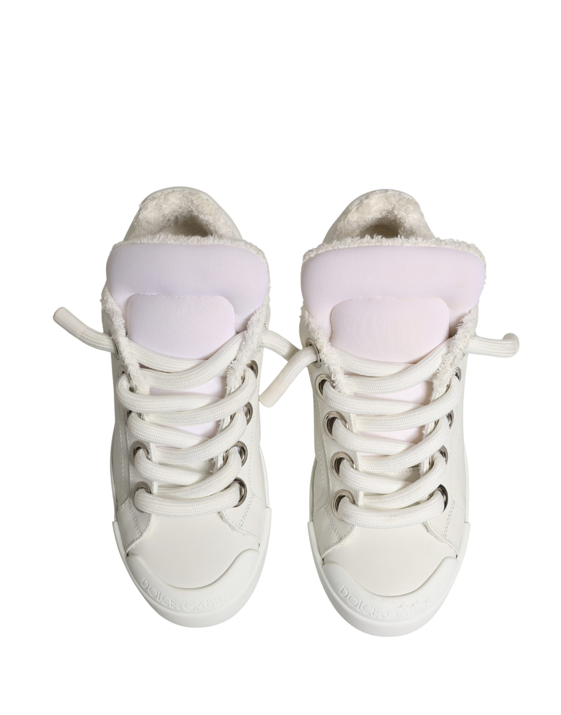 Dolce & Gabbana White Leather Shearling Fur Low Top Sneakers