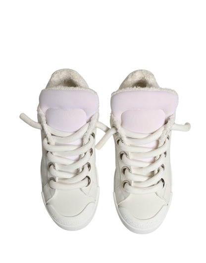 Dolce & Gabbana White Leather Shearling Fur Low Top Sneakers