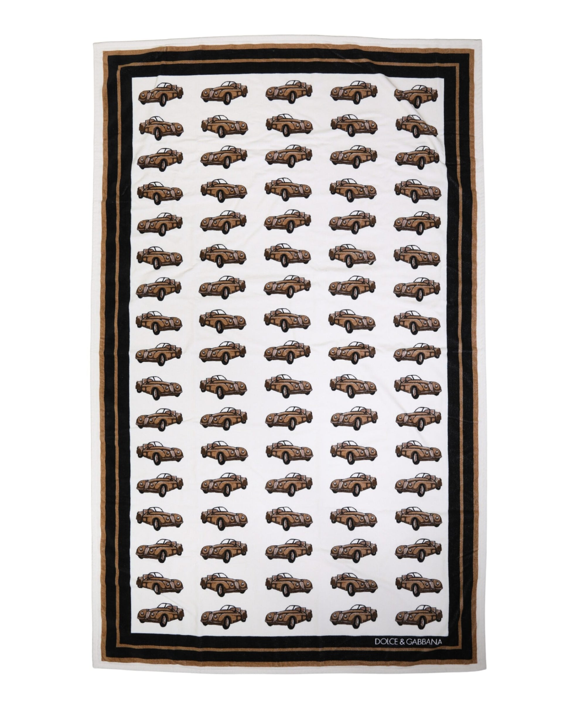 Dolce & Gabbana White Cotton Car Graphic Print Beach Towel