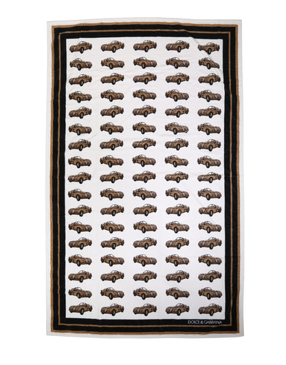Dolce & Gabbana White Cotton Car Graphic Print Beach Towel
