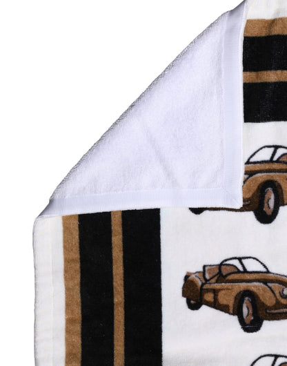 Dolce & Gabbana White Cotton Car Graphic Print Beach Towel