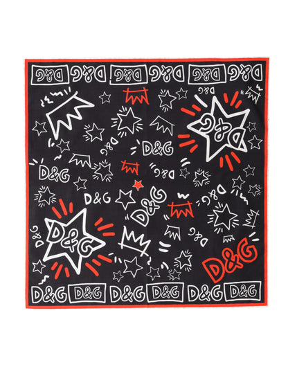 Dolce & Gabbana Black White Red DG Crown Cotton Foulard Scarf