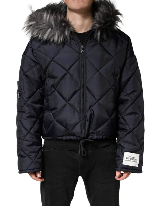 Dolce & Gabbana Black Quilted Fur Shearling Hooded Re-Edition Jacket for Men