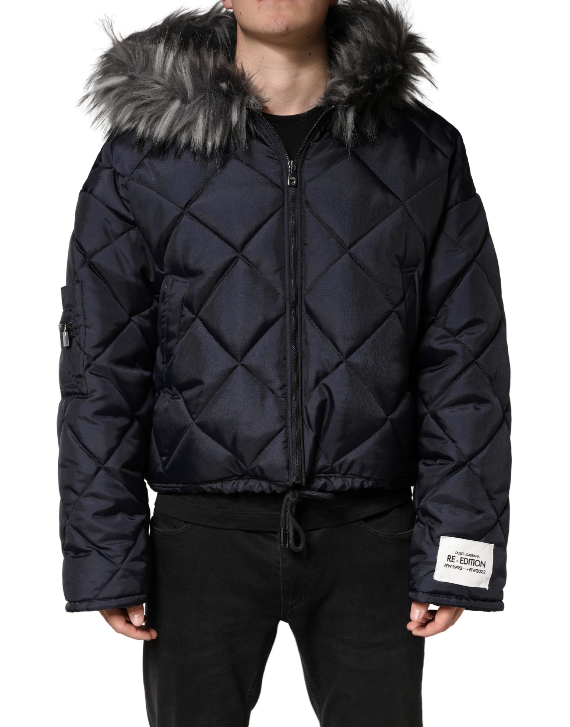 Dolce & Gabbana Black Quilted Fur Shearling Hooded Re-Edition Jacket for Men