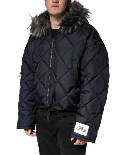Dolce & Gabbana Black Quilted Fur Shearling Hooded Re-Edition Jacket for Men