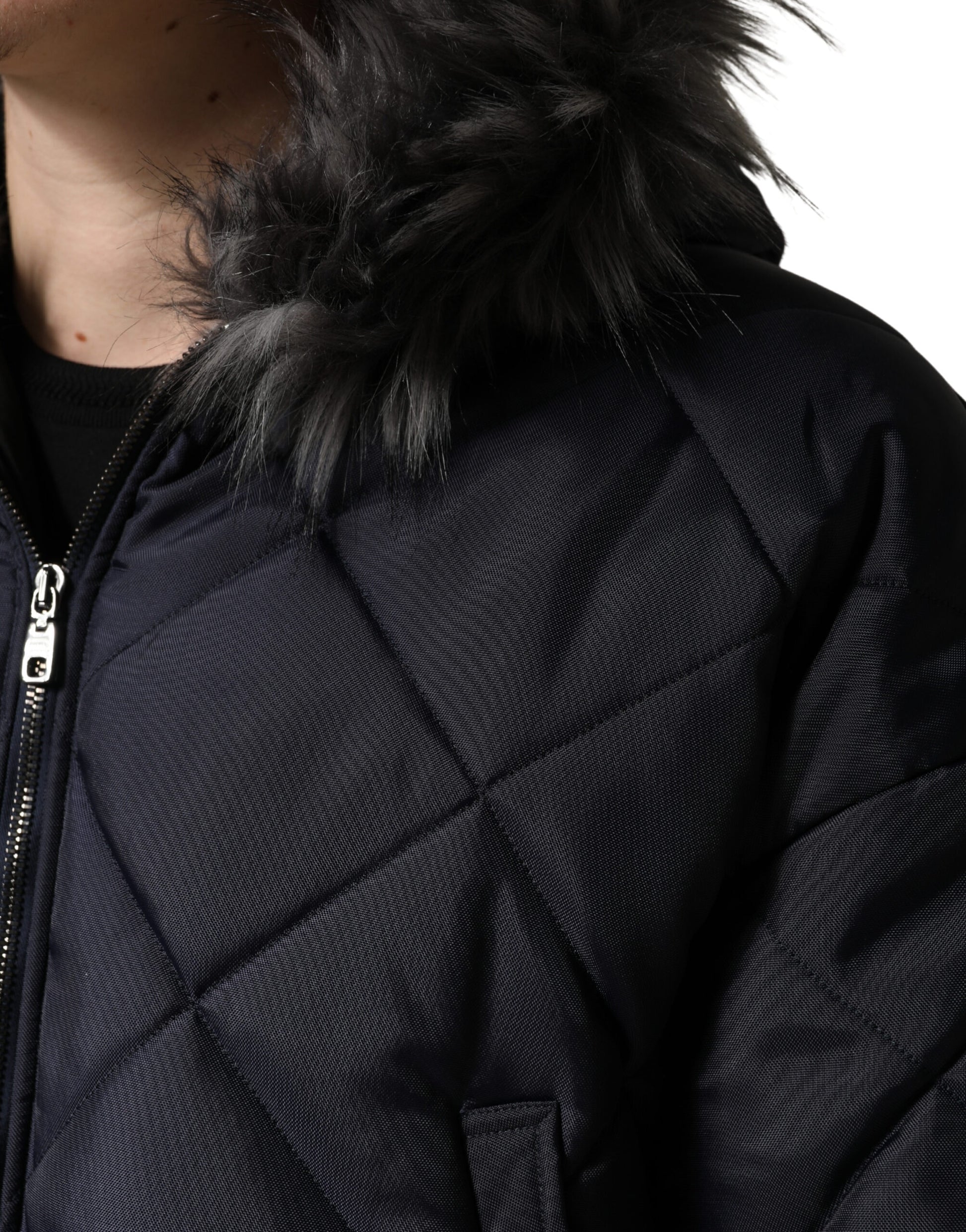 Dolce & Gabbana Black Quilted Fur Shearling Hooded Re-Edition Jacket for Men