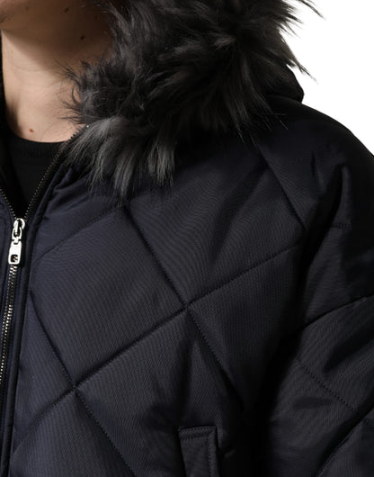 Dolce & Gabbana Black Quilted Fur Shearling Hooded Re-Edition Jacket for Men