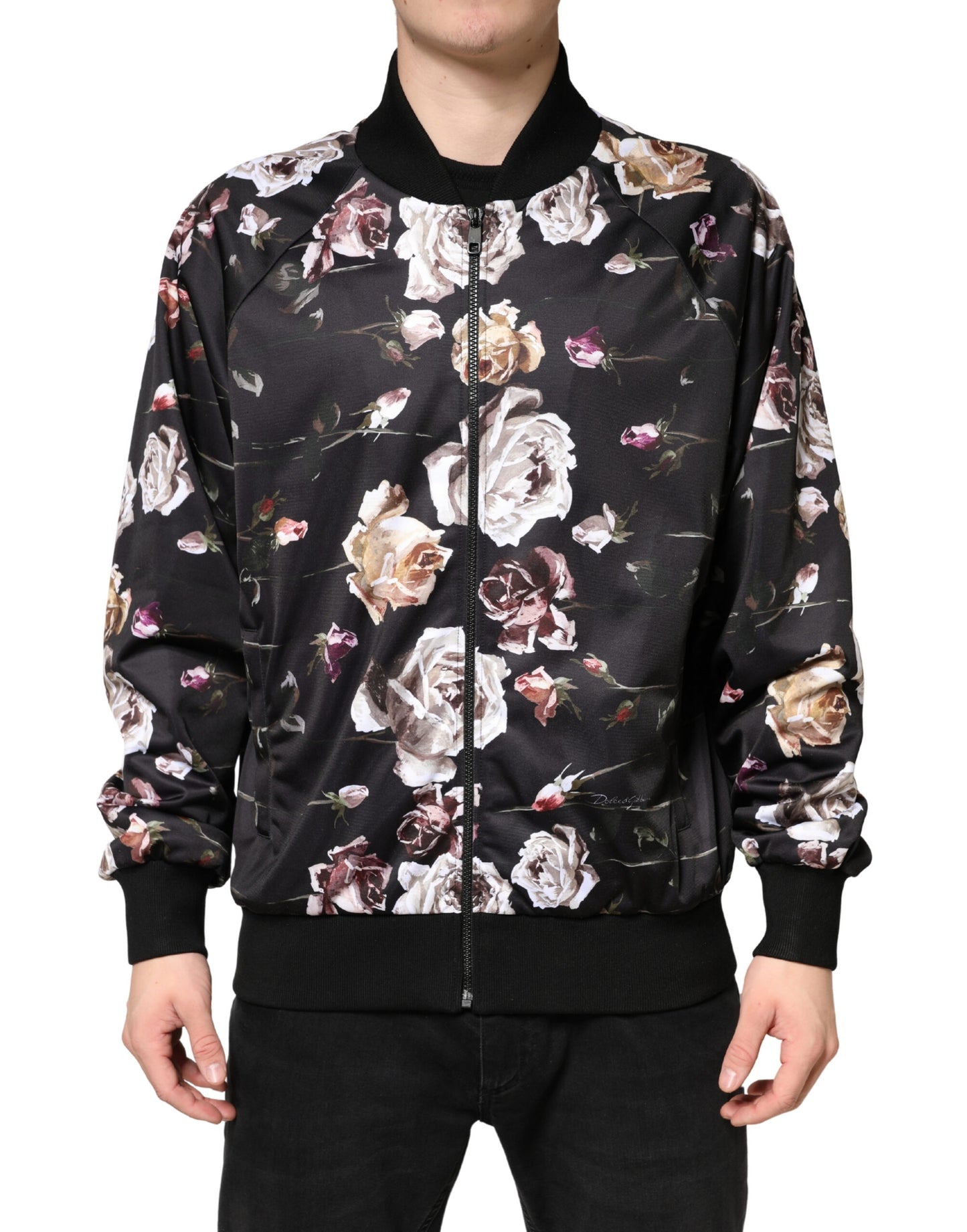 Dolce & Gabbana Black Floral Zip-Up Bomber Jacket for Men