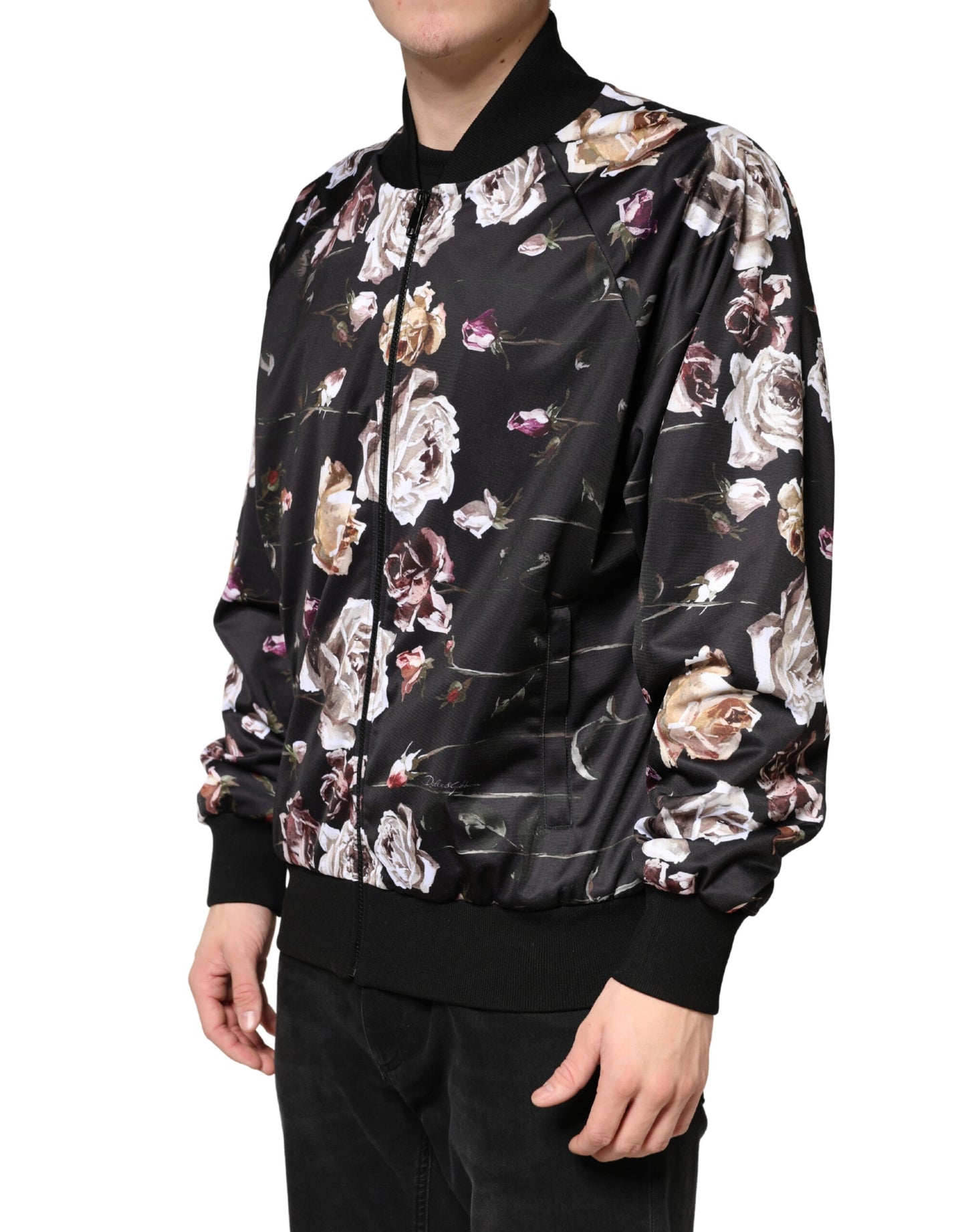 Dolce & Gabbana Black Floral Zip-Up Bomber Jacket for Men