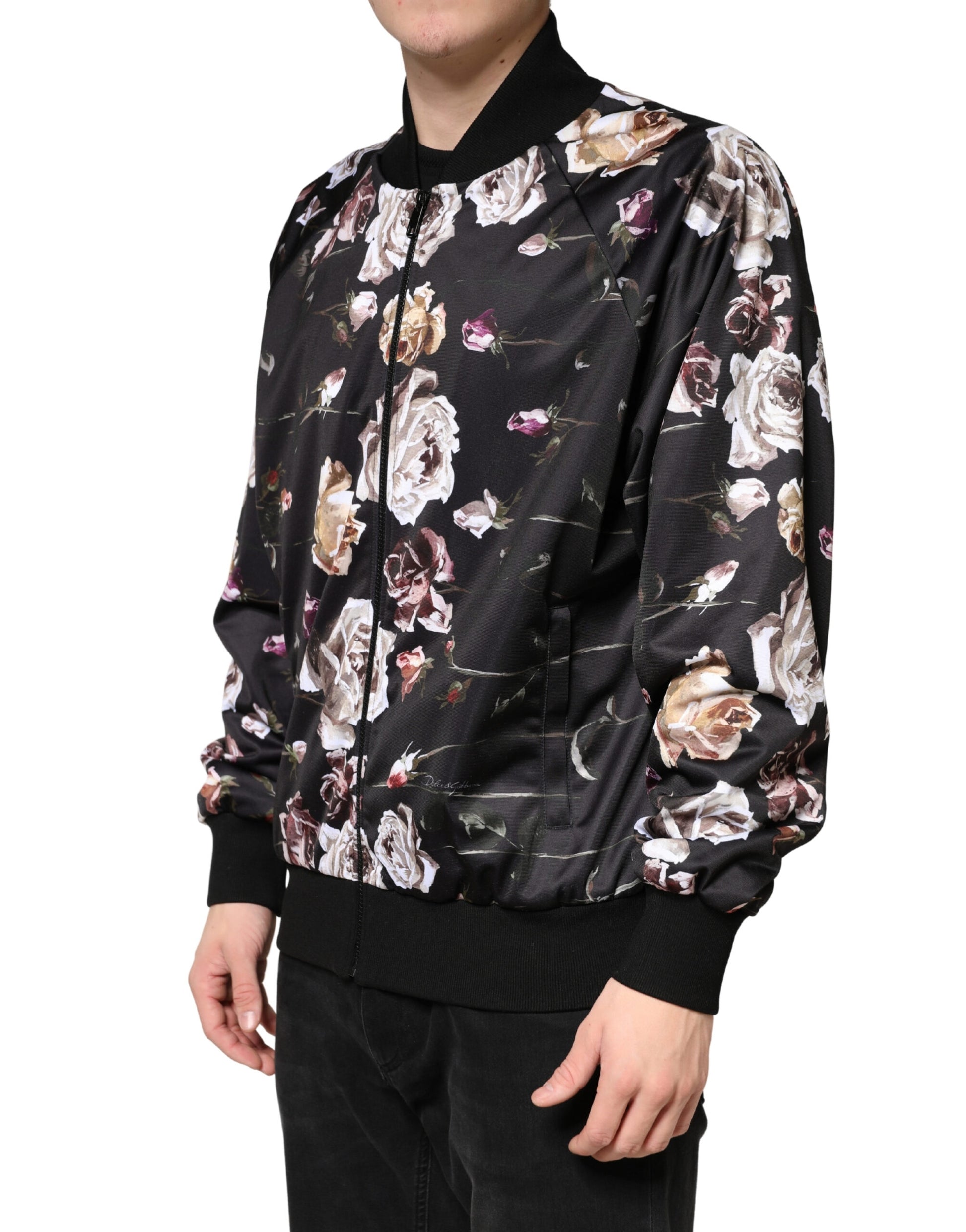 Dolce & Gabbana Black Floral Zip-Up Bomber Jacket for Men