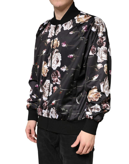 Dolce & Gabbana Black Floral Zip-Up Bomber Jacket for Men