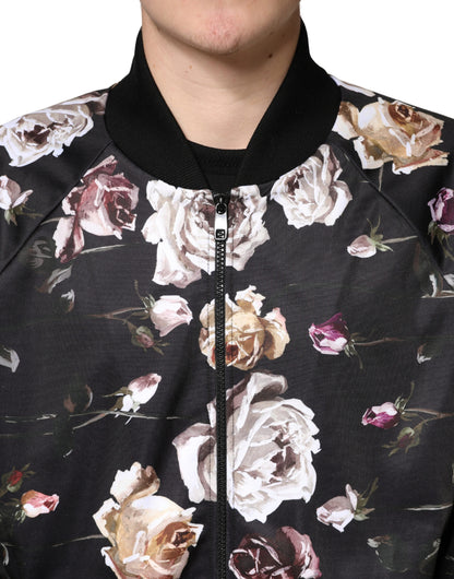 Dolce & Gabbana Black Floral Zip-Up Bomber Jacket for Men