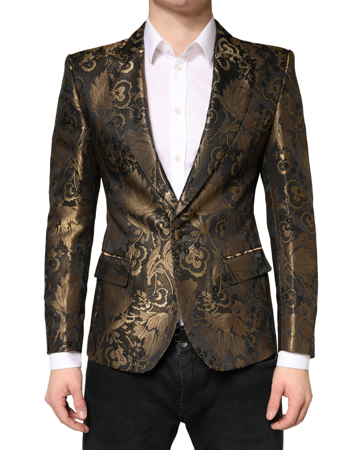 Dolce & Gabbana Metallic Gold Jacquard Single Breasted Tuxedo Blazer