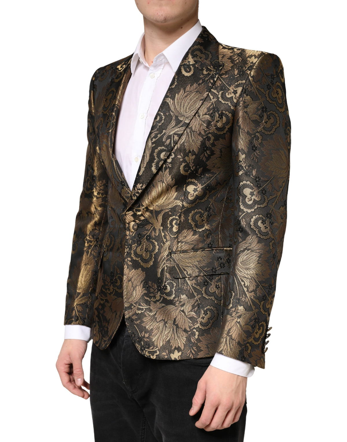 Dolce & Gabbana Metallic Gold Jacquard Single Breasted Tuxedo Blazer