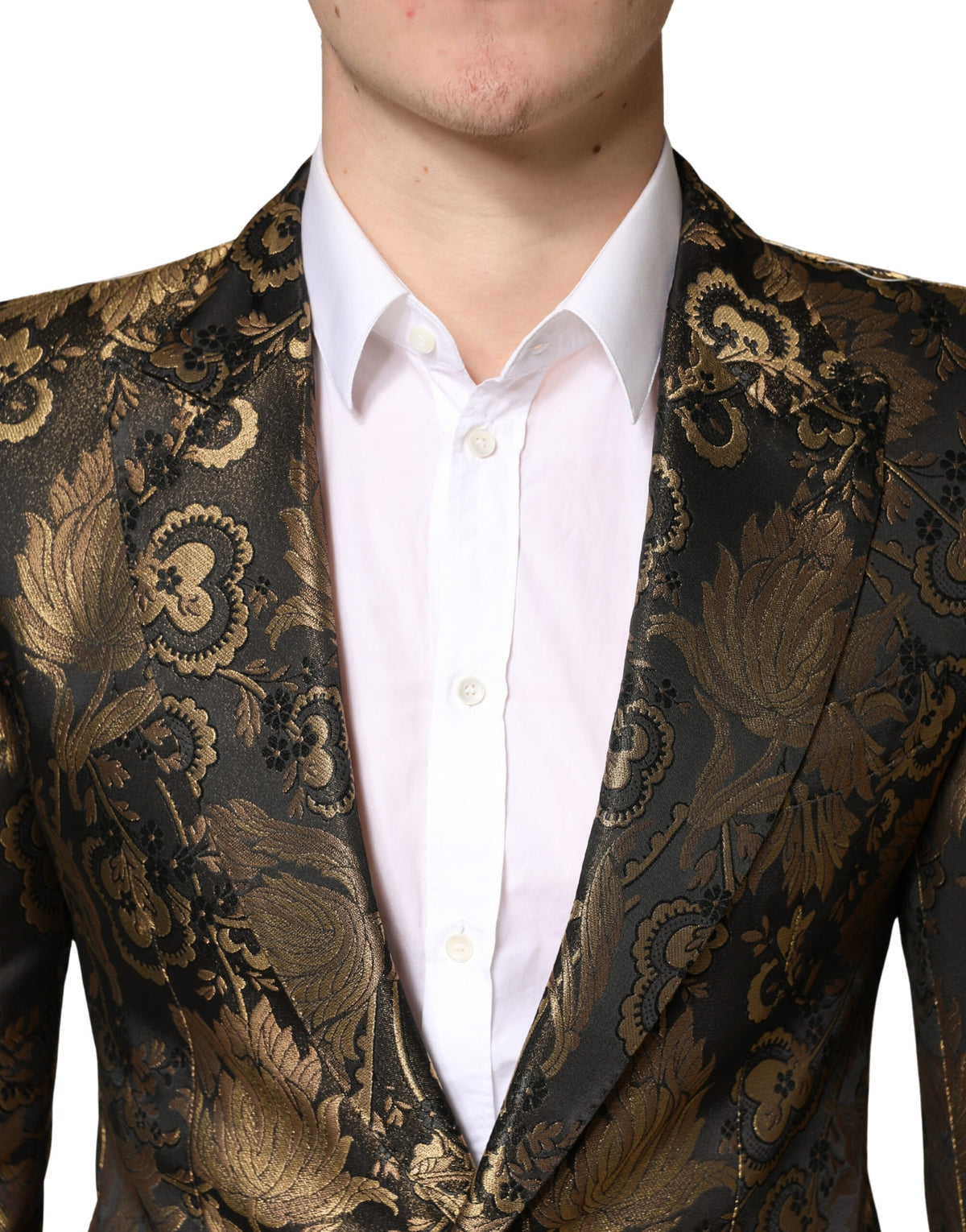 Dolce & Gabbana Metallic Gold Jacquard Single Breasted Tuxedo Blazer