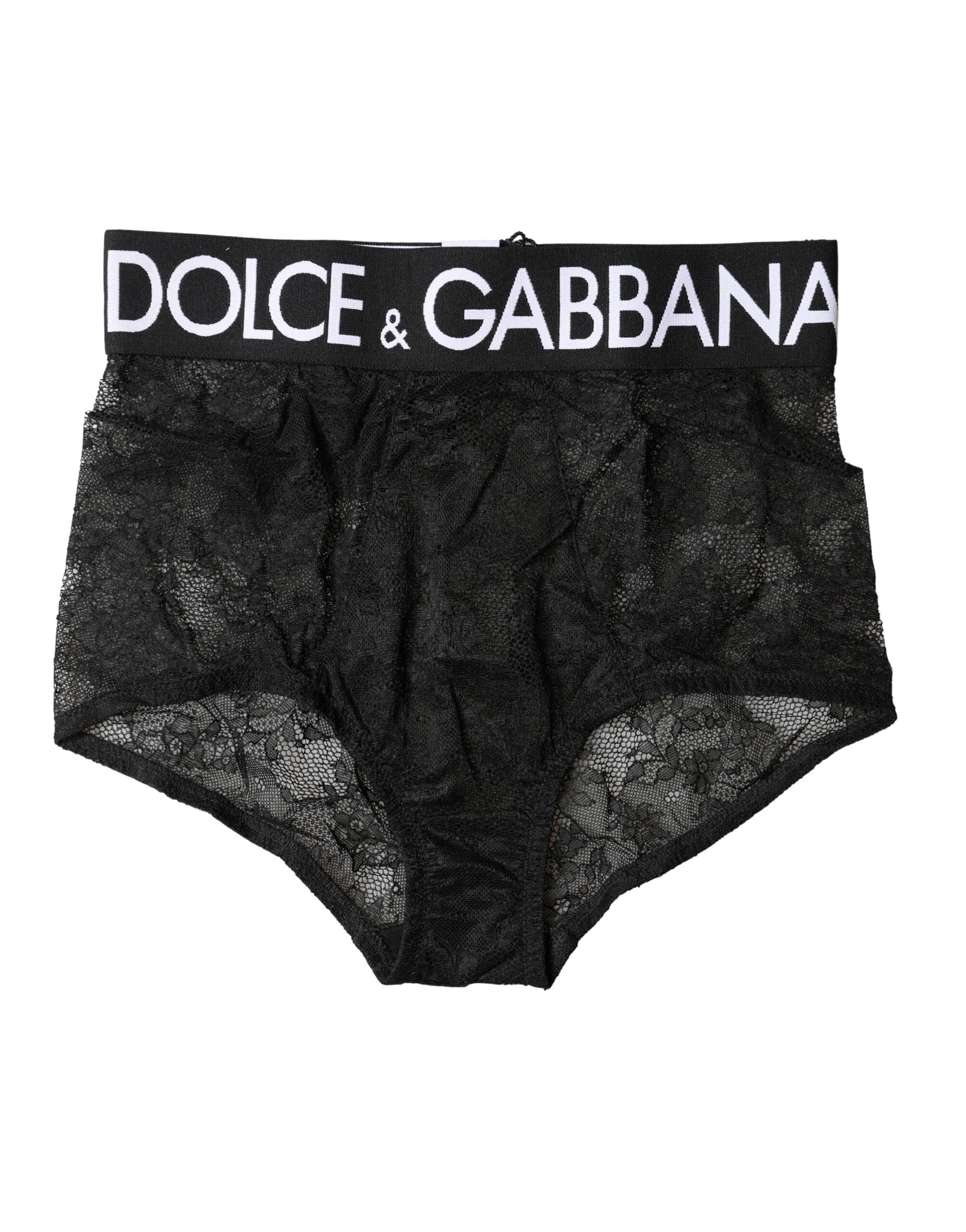 Dolce & Gabbana Black Logo High Waist Lace Panty Underwear