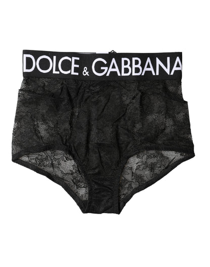 Dolce & Gabbana Black Logo High Waist Lace Panty Underwear