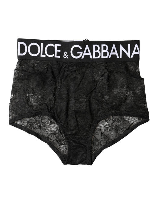 Dolce & Gabbana Black Logo High Waist Lace Panty Underwear