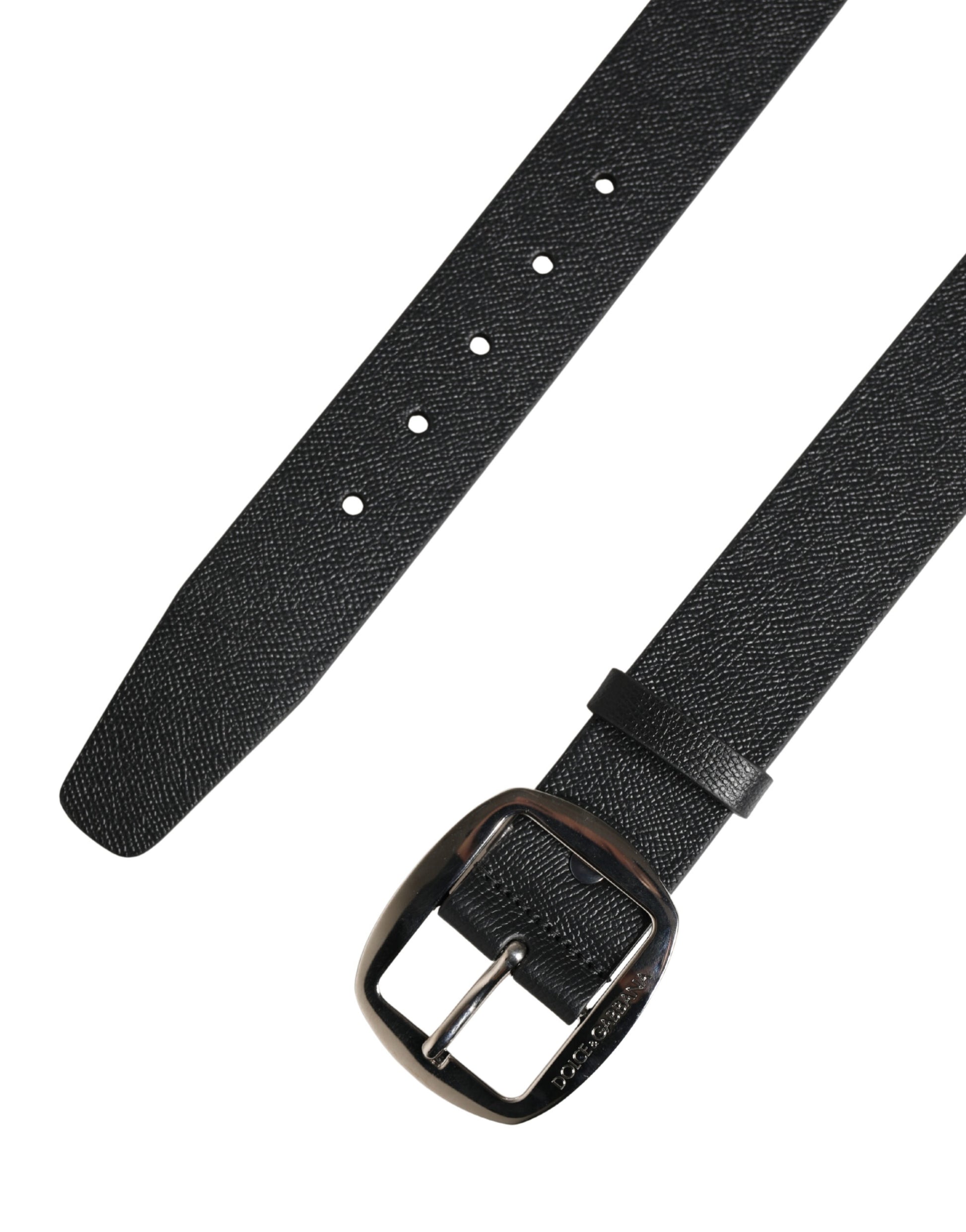 Dolce & Gabbana Black Calf Leather Silver Metal Buckle Belt