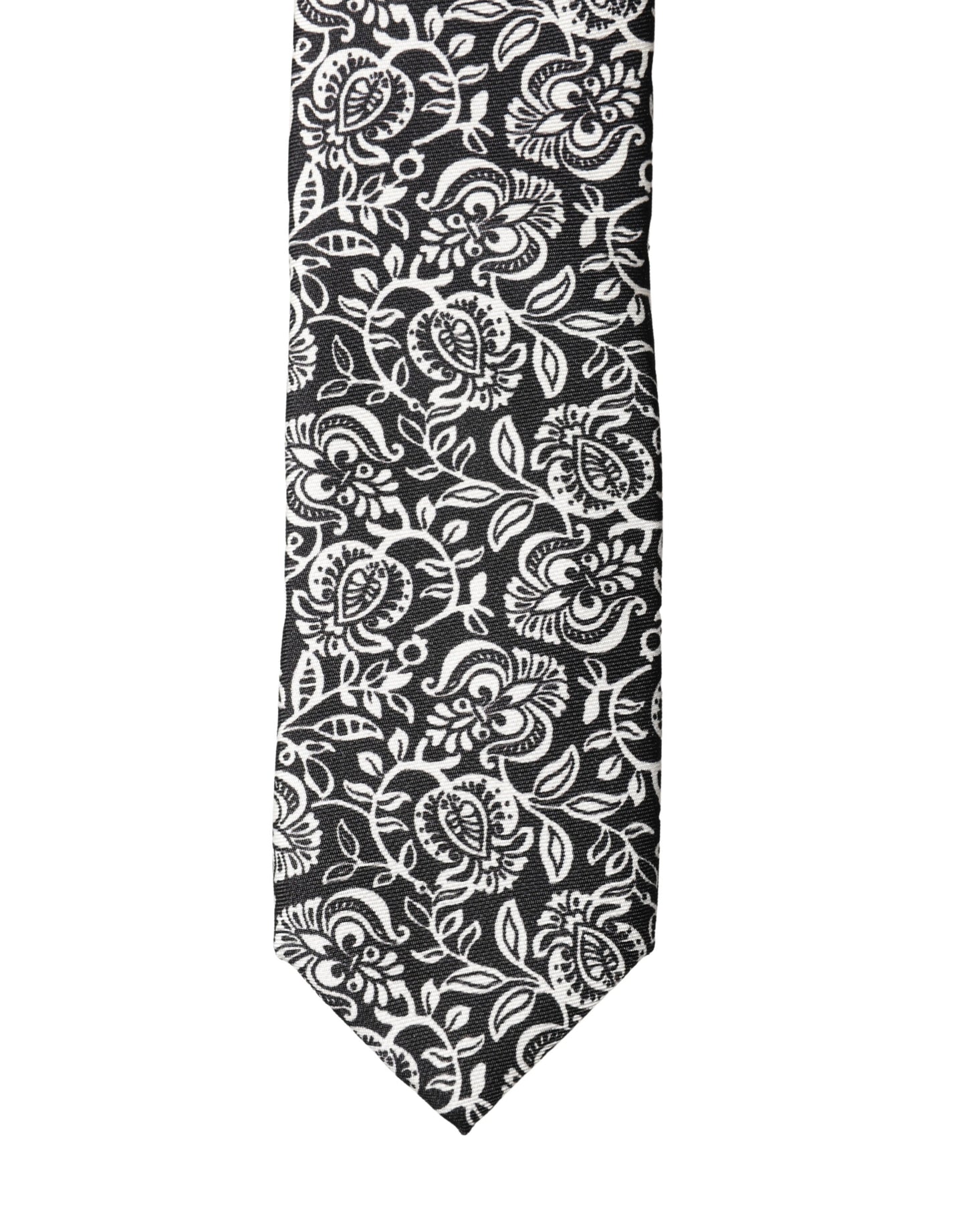 Dolce & Gabbana Black White Floral Fantasy Silk Adjustable Necktie