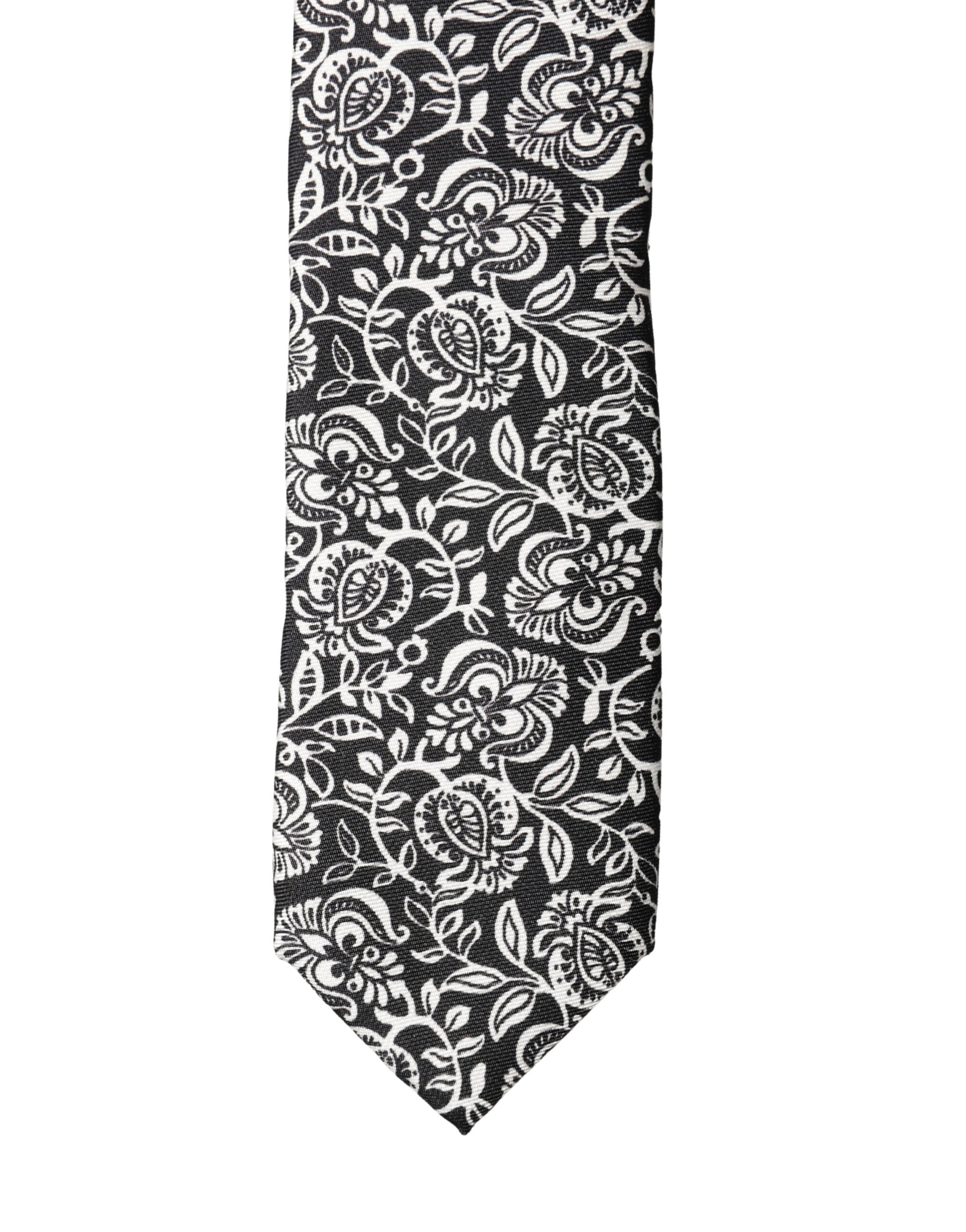 Dolce & Gabbana Black White Floral Fantasy Silk Adjustable Necktie