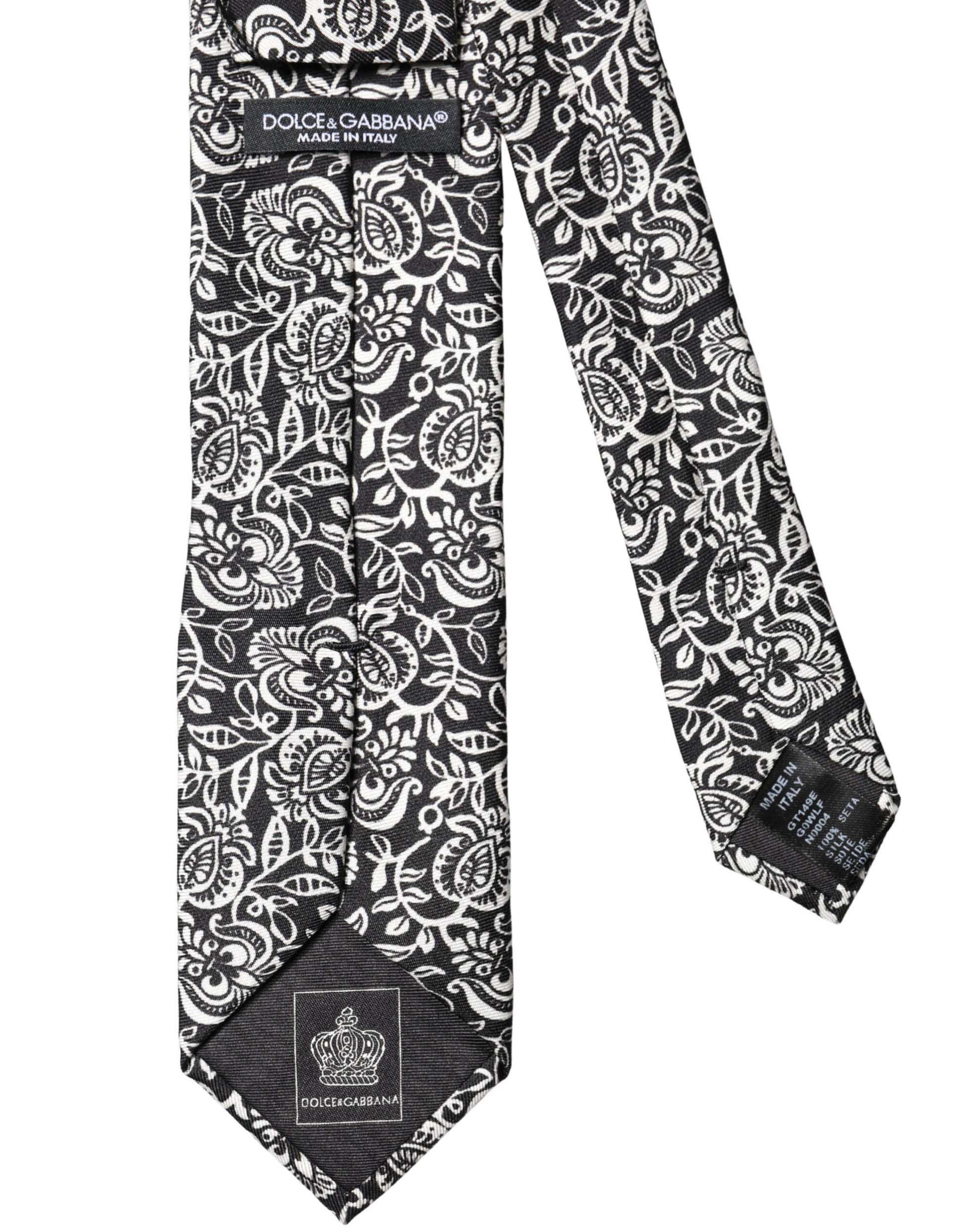 Dolce & Gabbana Black White Floral Fantasy Silk Adjustable Necktie
