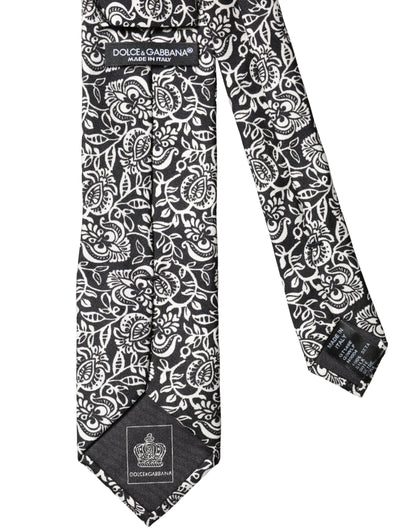 Dolce & Gabbana Black White Floral Fantasy Silk Adjustable Necktie