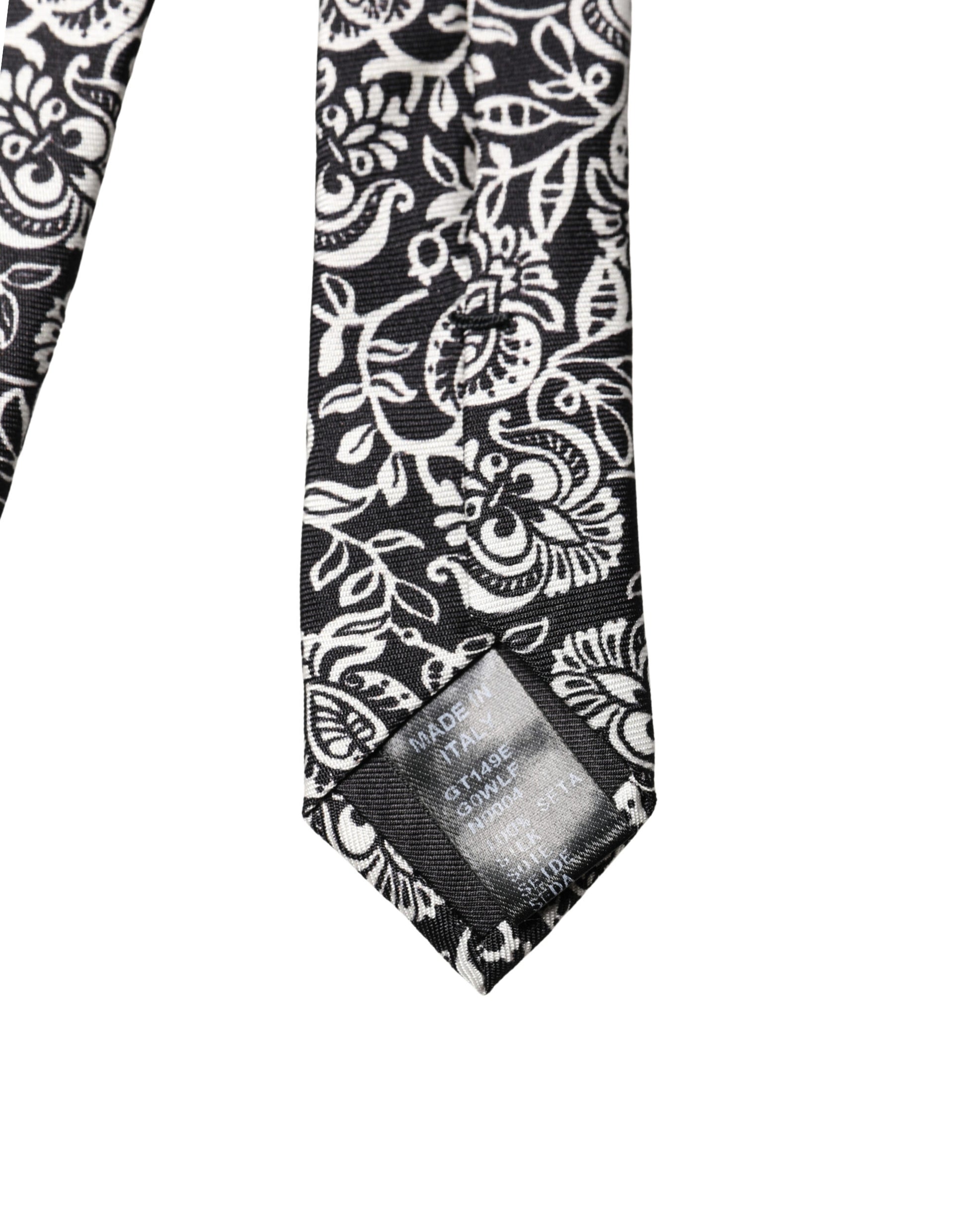 Dolce & Gabbana Black White Floral Fantasy Silk Adjustable Necktie