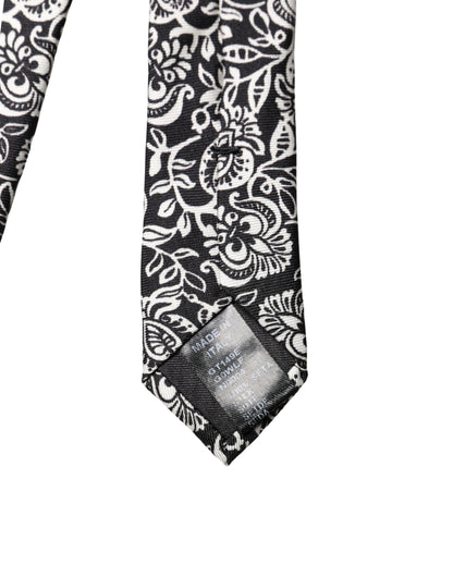 Dolce & Gabbana Black White Floral Fantasy Silk Adjustable Necktie