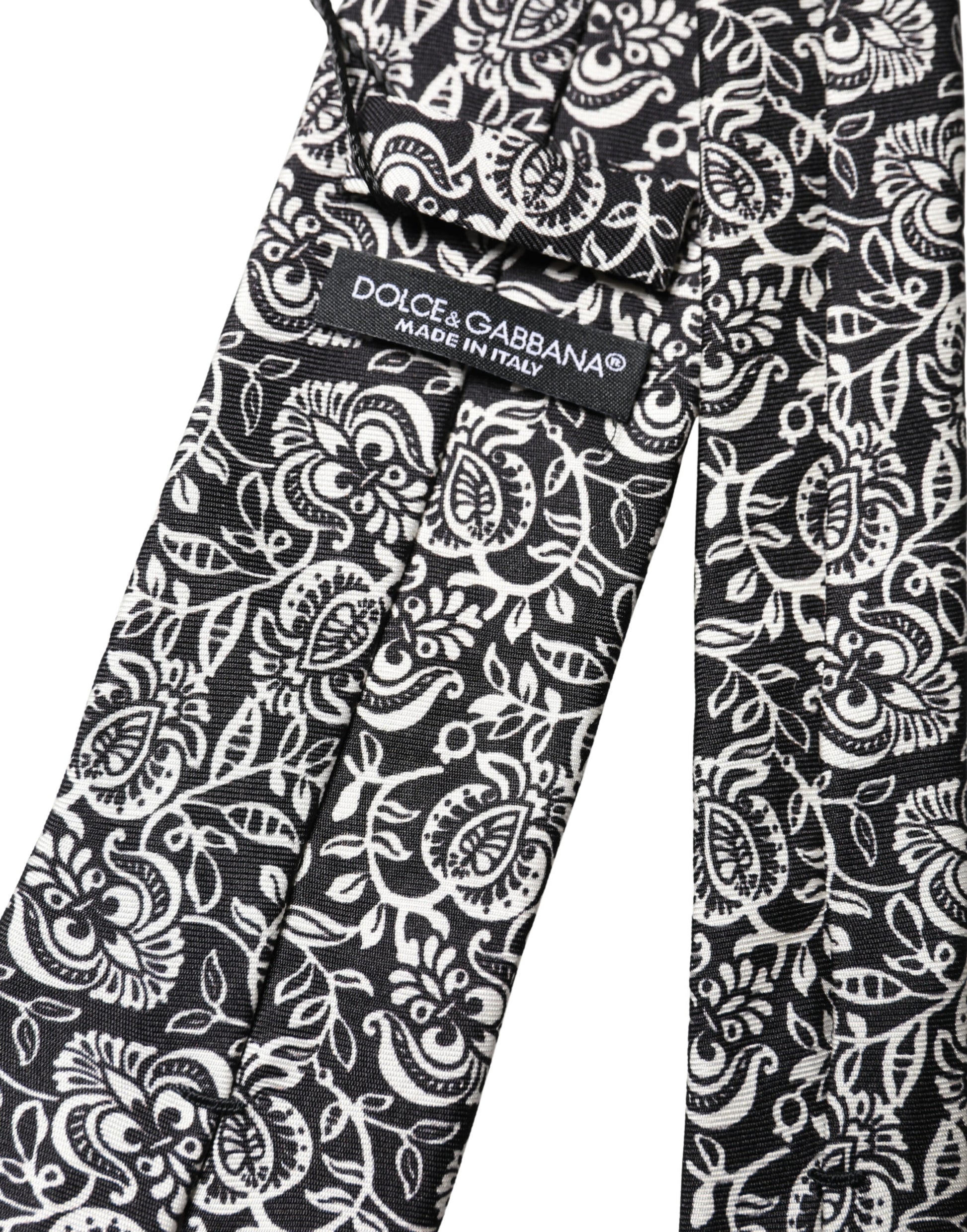 Dolce & Gabbana Black White Floral Fantasy Silk Adjustable Necktie