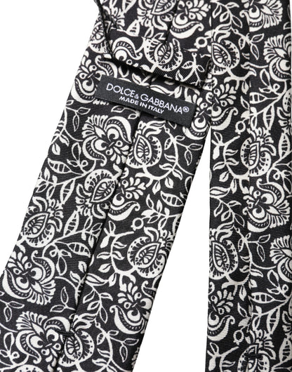 Dolce & Gabbana Black White Floral Fantasy Silk Adjustable Necktie