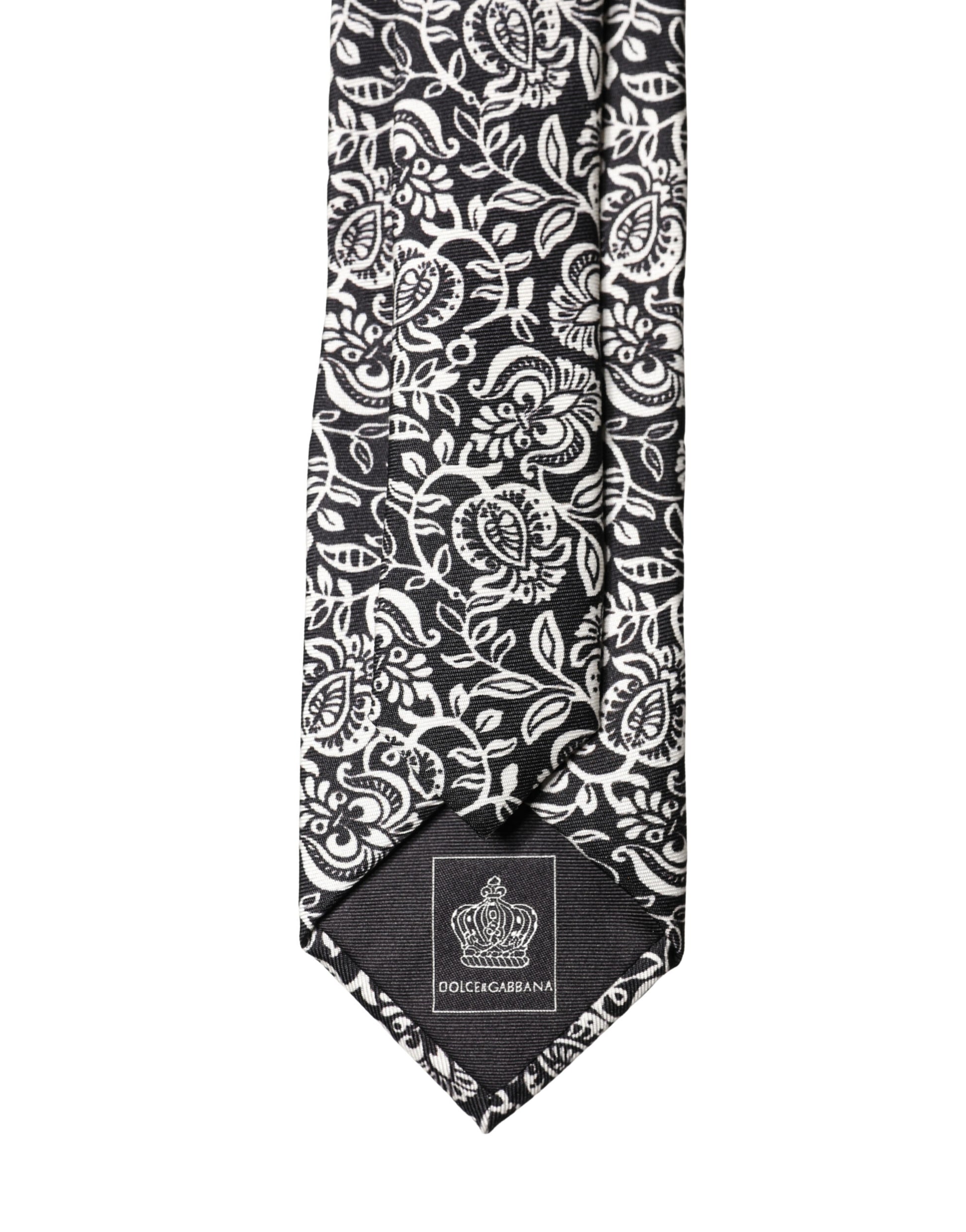 Dolce & Gabbana Black White Floral Fantasy Silk Adjustable Necktie