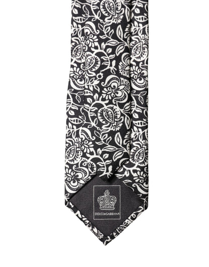 Dolce & Gabbana Black White Floral Fantasy Silk Adjustable Necktie