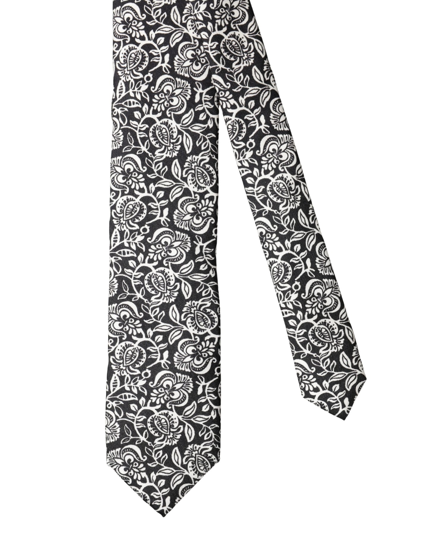 Dolce & Gabbana Black White Floral Fantasy Silk Adjustable Necktie